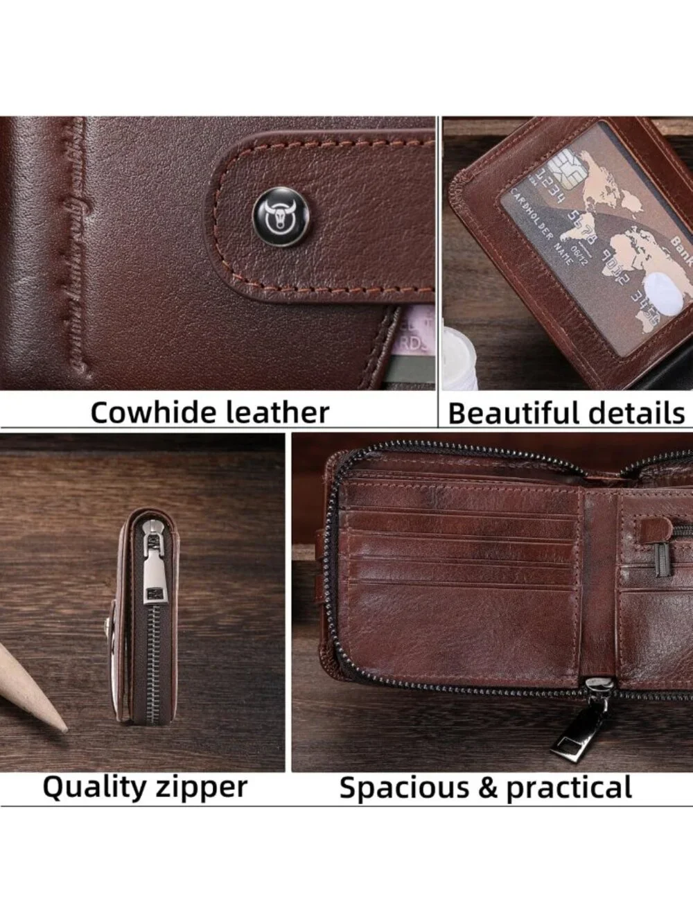 Stylish Genuine Leather Men's Wallet with Zipper Closure - Coffee Color, RFID